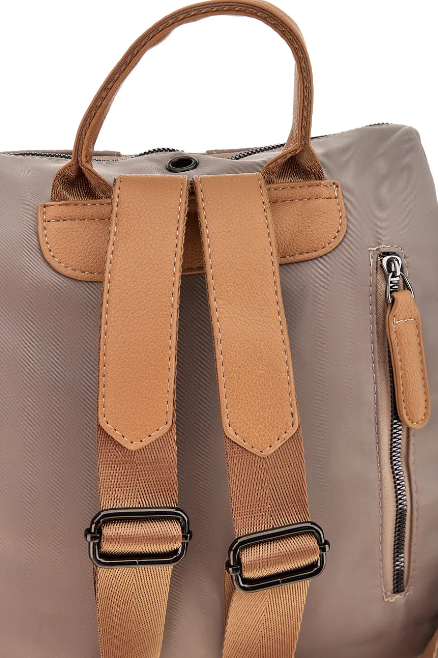 Zaino beige e cuoio con zip frontali e spallacci regolabili Prima riga WIS BAGPITT001-A